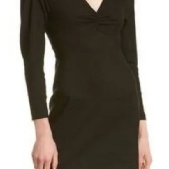 A.L.C. Aila Black Puff Sleeve Long Sleeve Linen Blend V Neck Mini Dress Womens 8